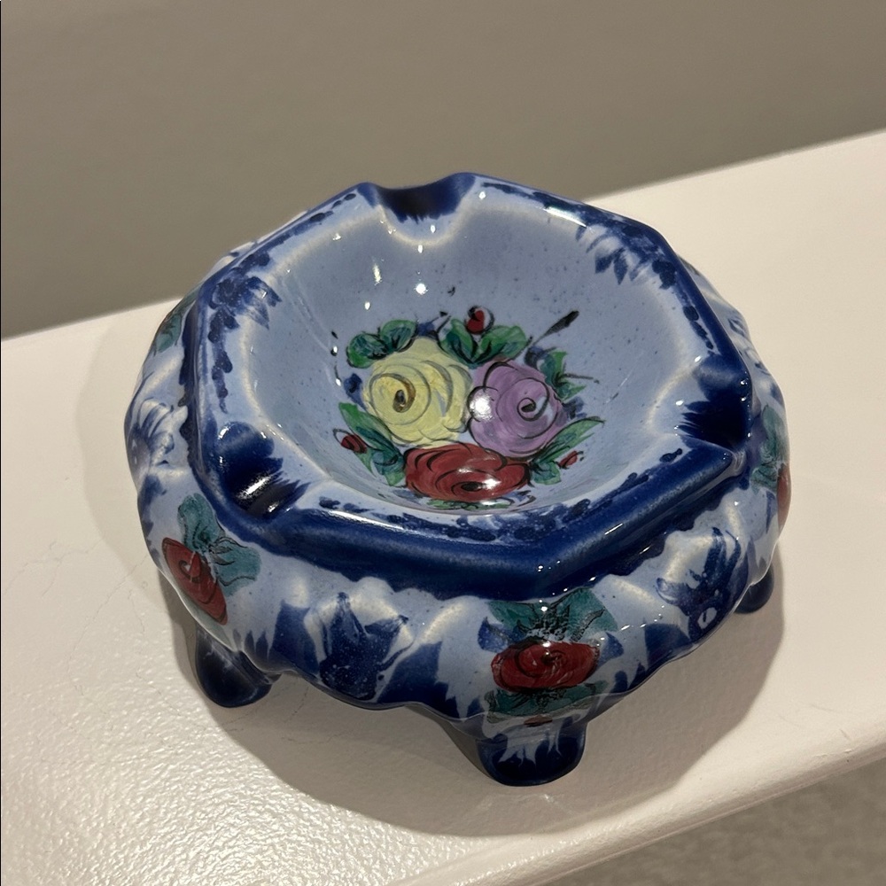 Artisan Floral Ceramic Ashtray Vintage Hand- painted - Blue and Multicolor